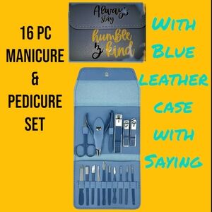16-Piece Manicure & Pedicure Set with Blue Leather Case With Saying